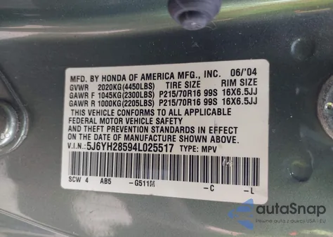 2004 Honda Element Ex from USA, damaged, VIN 5J6YH28594L025517